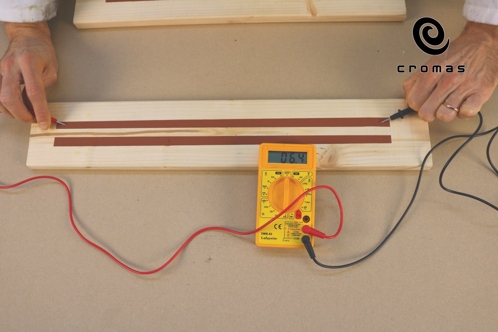 Copper based electroconductive paint. Measure the conductivity in Ohms on wood